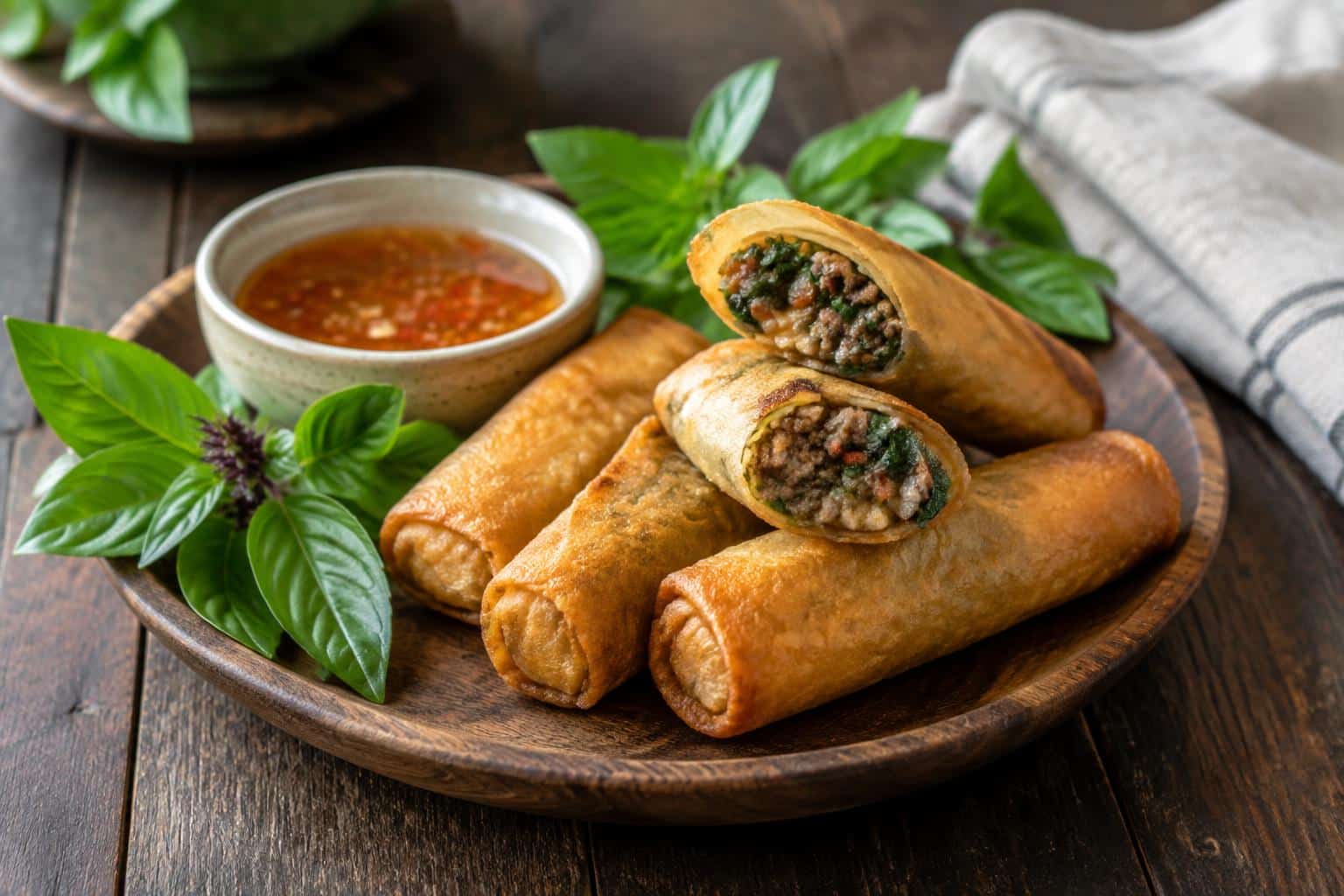 Crisp Thai basil beef spring rolls arranged on platter with fresh basil garnish