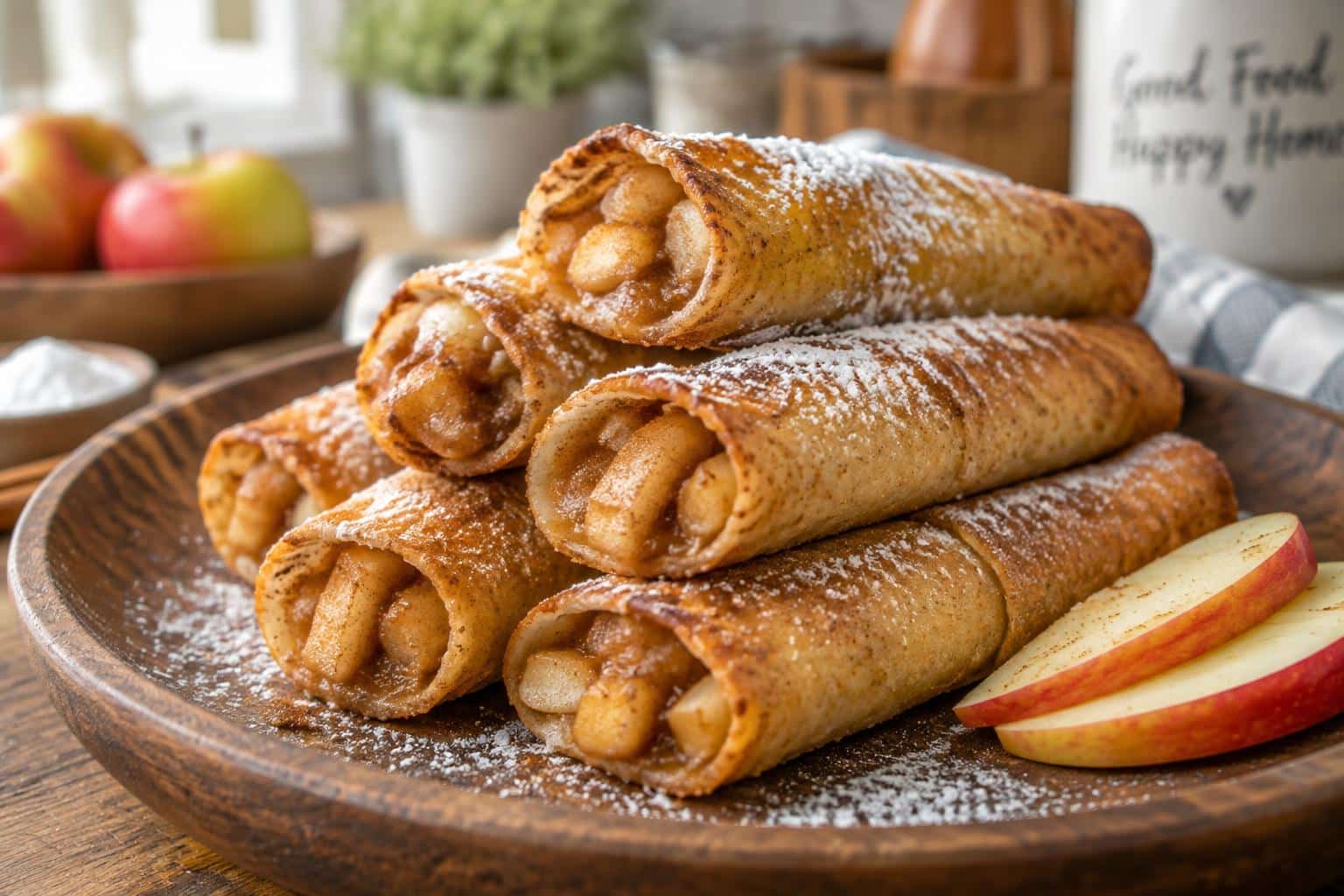Crispy golden air fryer apple pie taquitos garnished with powdered sugar and fresh apple slices
