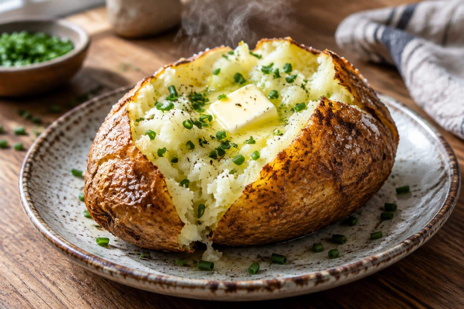 Crispy air fryer baked potatoes with fluffy interior and golden skin garnished with chives and butter