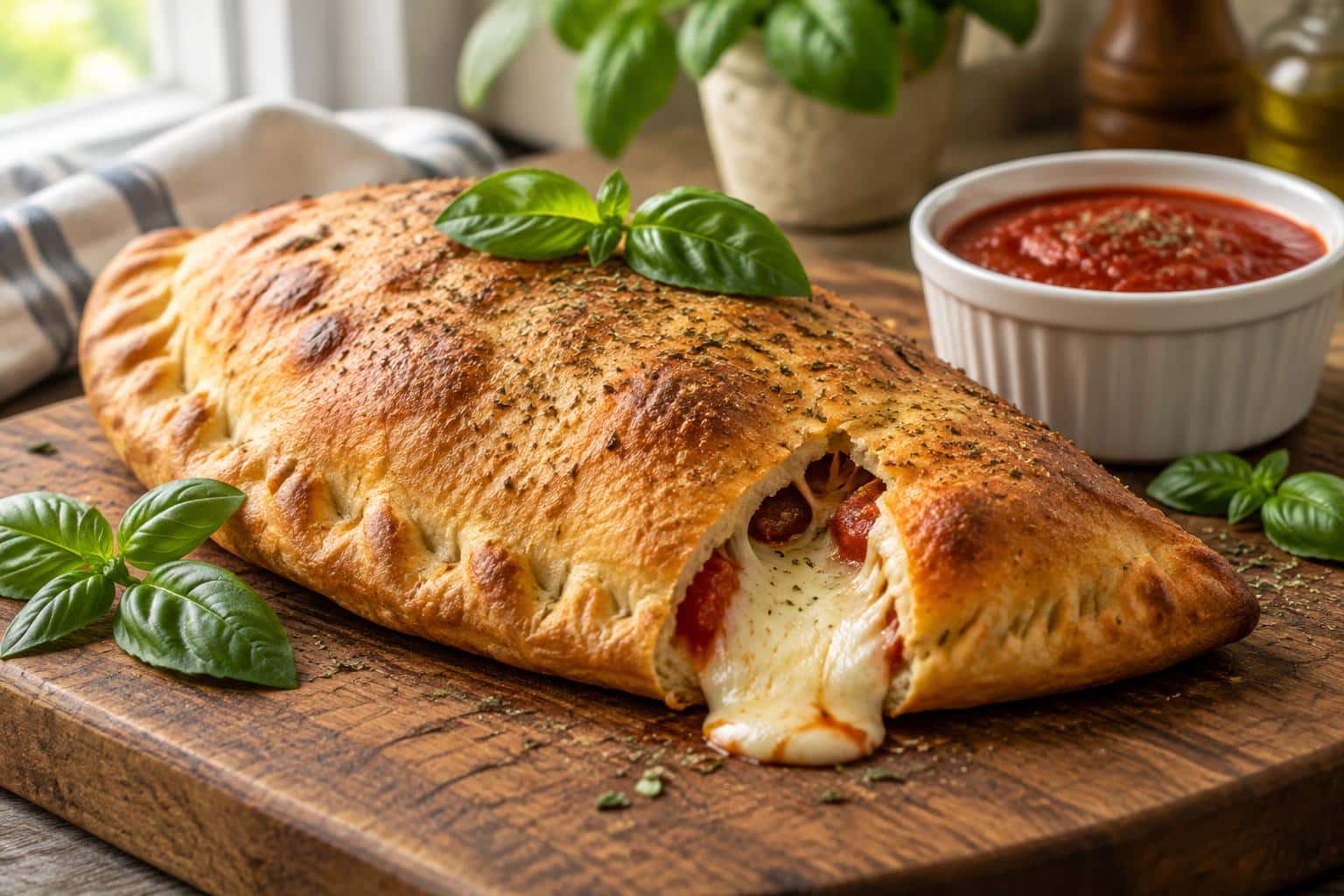 Crispy golden air fryer calzones with melted cheese and fresh basil garnish