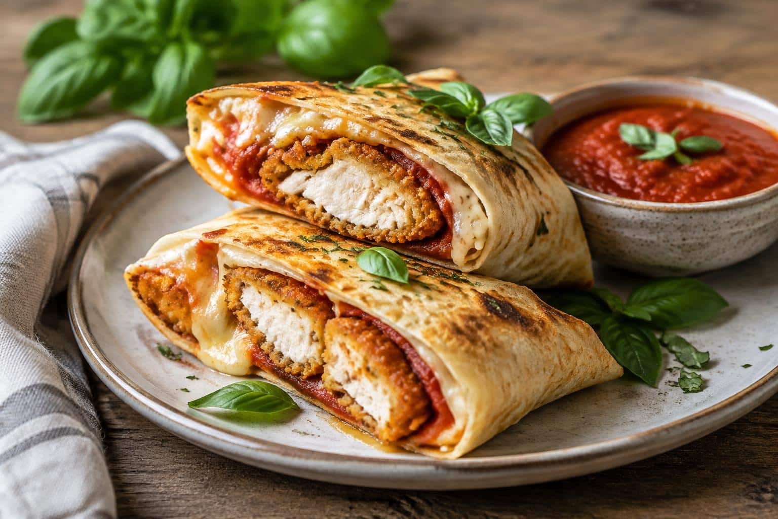 Crispy air fryer chicken and mozzarella wraps garnished with basil and marinara sauce