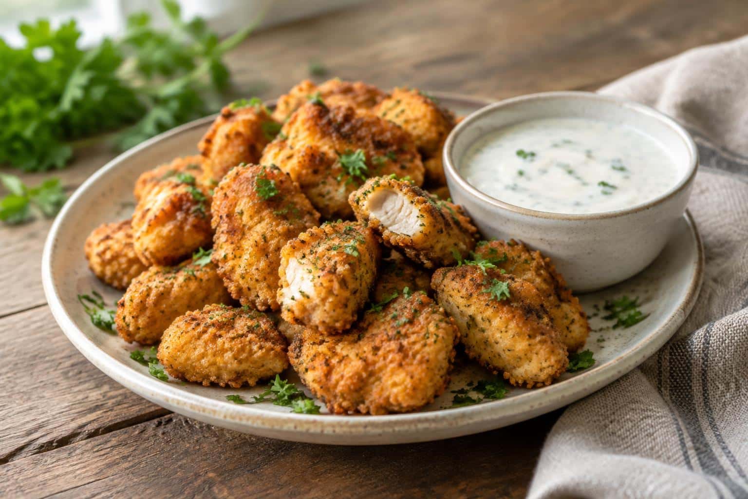 crispy air fryer ranch chicken bites garnished with parsley and dipping sauce
