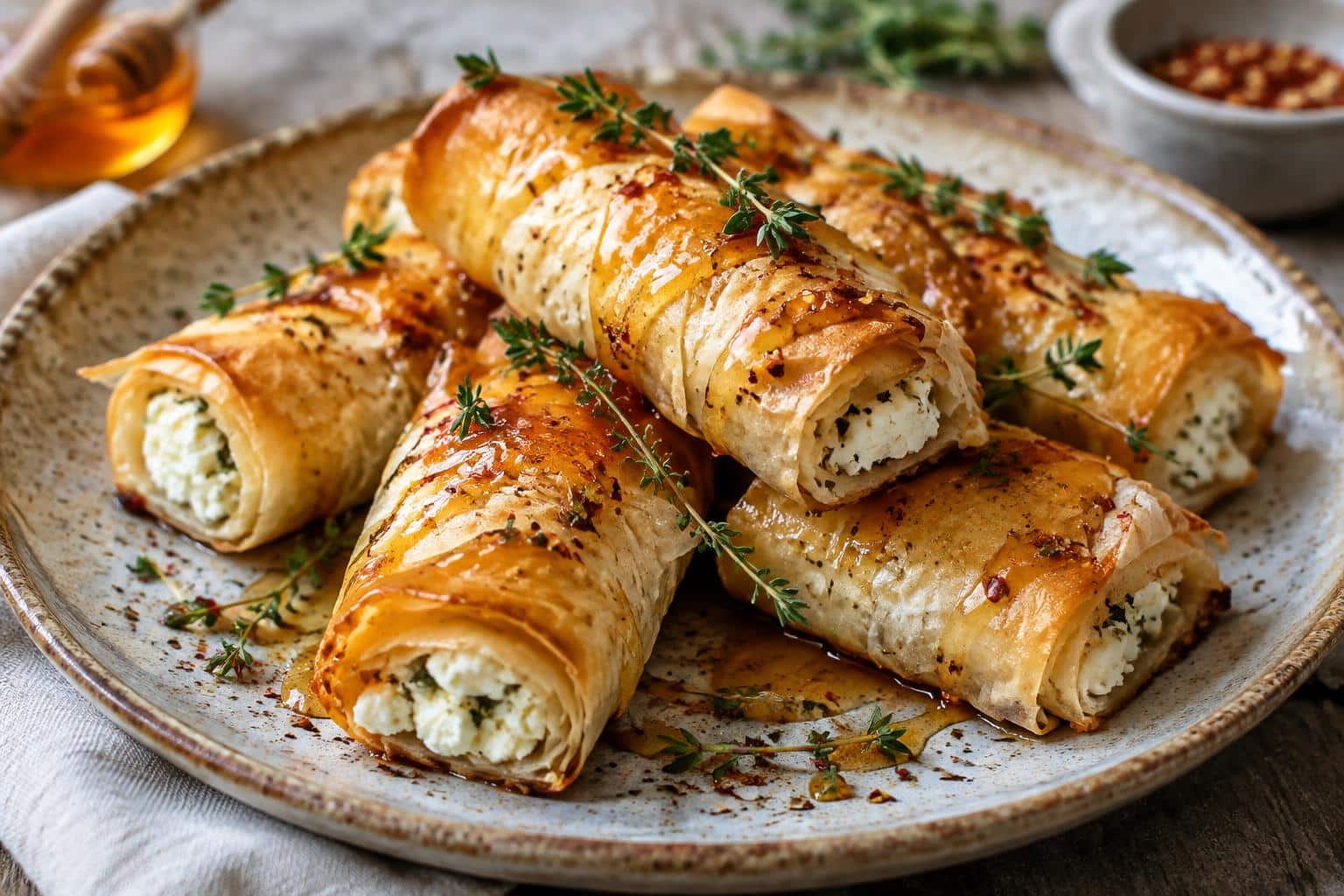 Golden crispy baked feta rolls drizzled with hot honey garnished with thyme and red pepper flakes