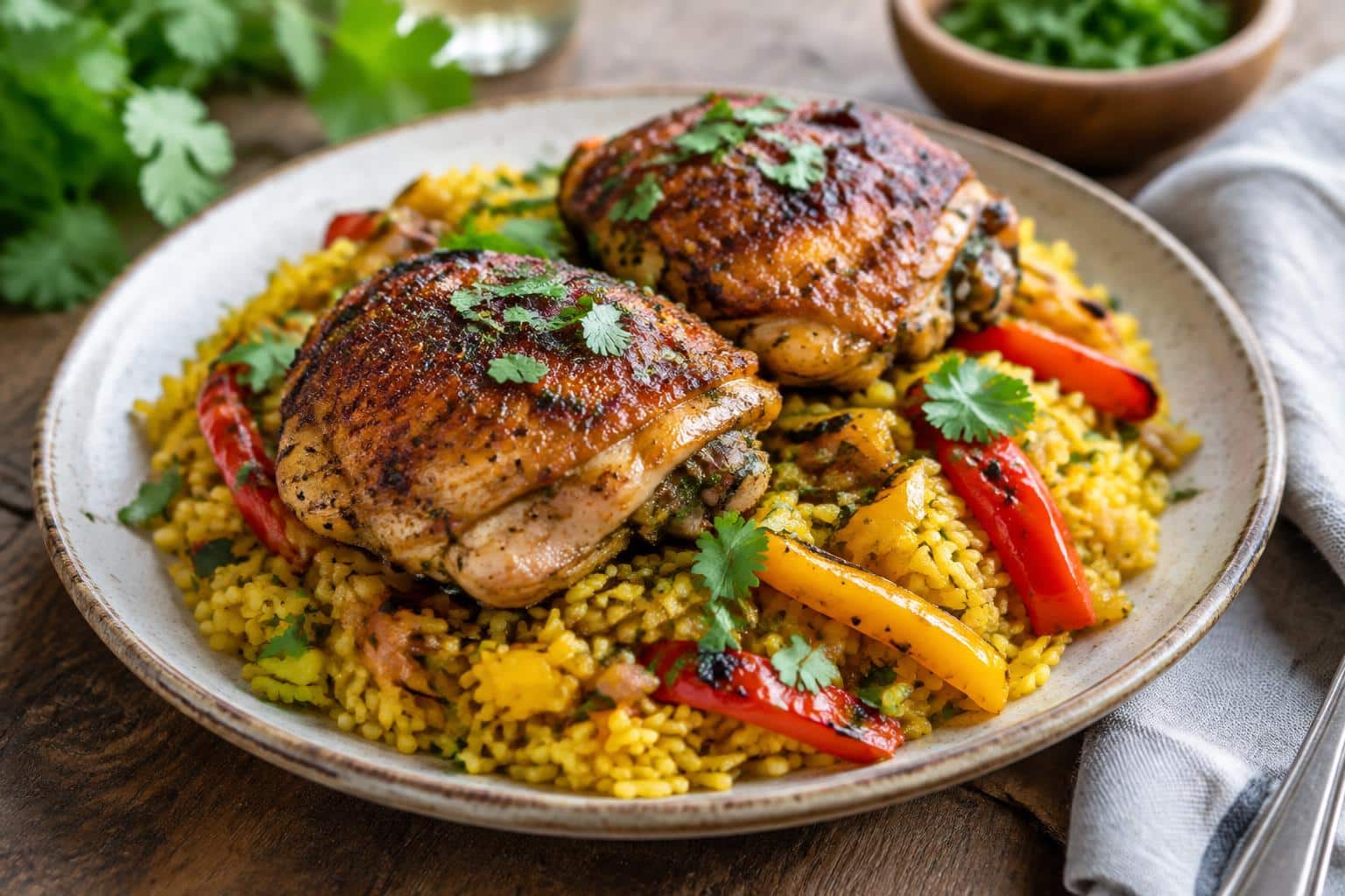 Plate of crispy caramelized chicken thighs with golden turmeric Spanish rice and roasted peppers