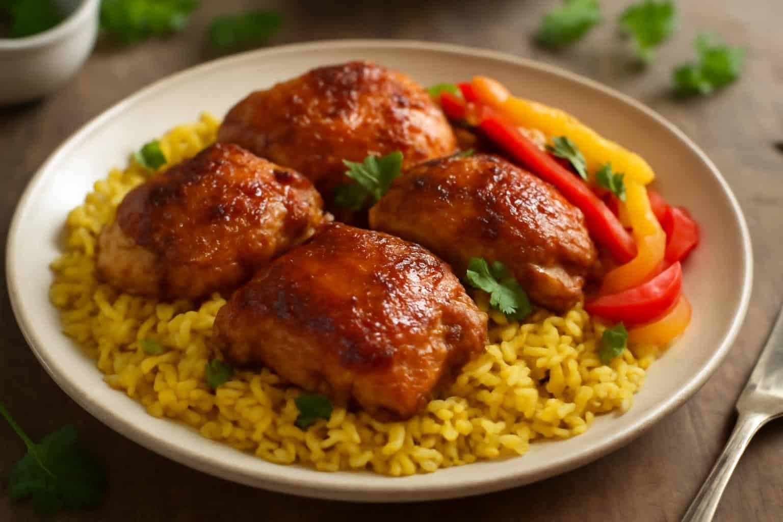 Crispy caramelized chicken thighs served with golden turmeric Spanish rice and roasted peppers