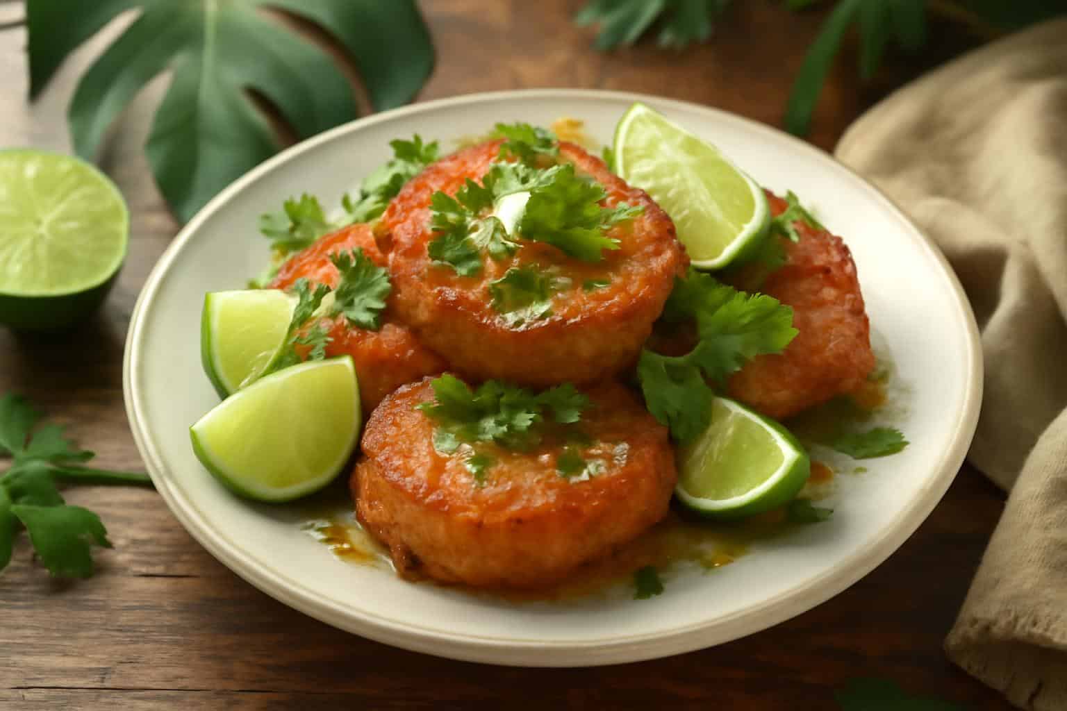 Crispy Caribbean yucca cakes garnished with cilantro and lime, served with garlic-lime mojo sauce
