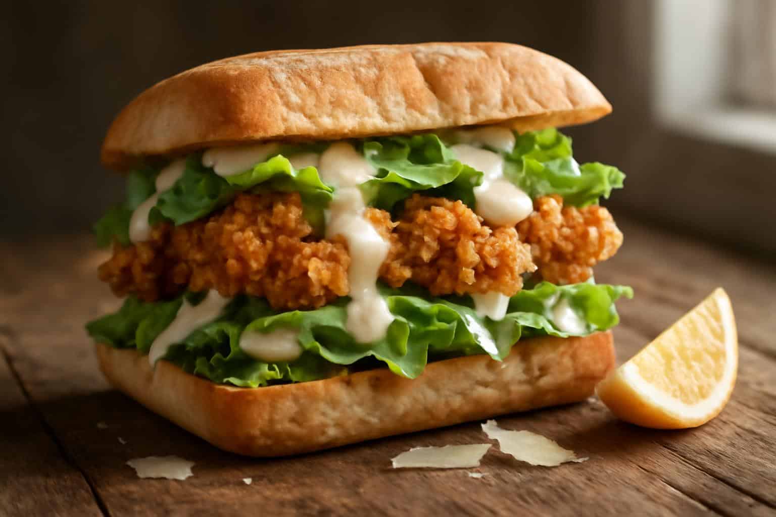 crispy chicken caesar sandwich with golden fried chicken and fresh romaine lettuce