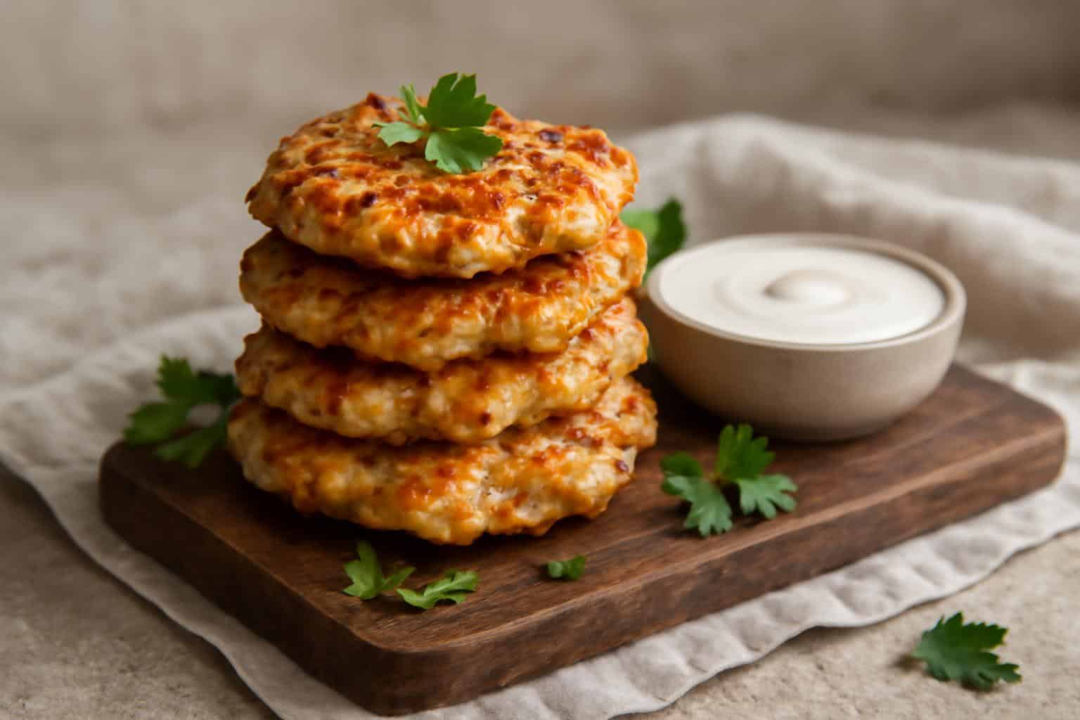 Golden crispy chicken fritters stacked with parsley garnish and dipping sauce