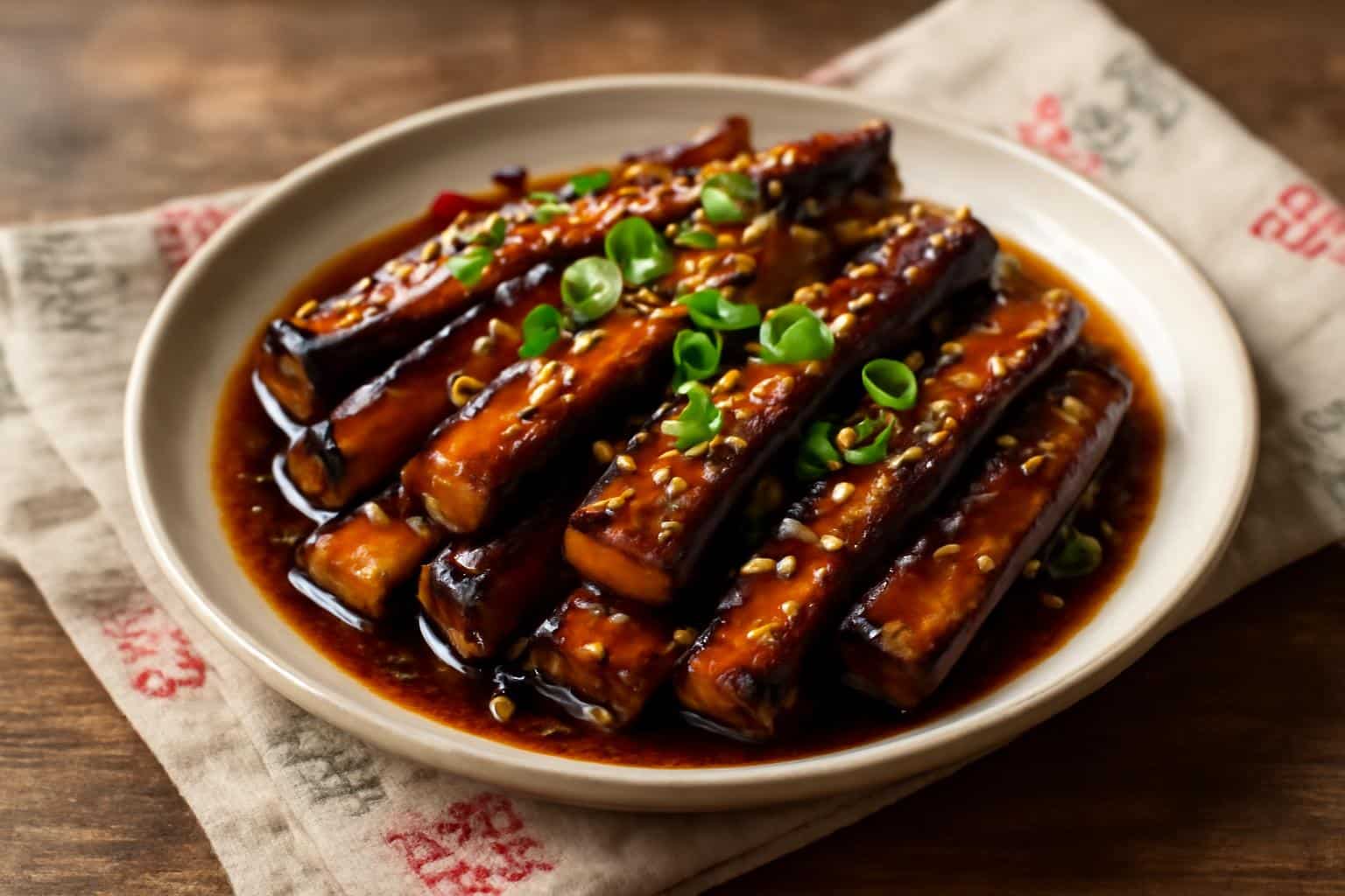 Crispy Chinese eggplant glazed in garlic soy sauce garnished with green onions and sesame seeds
