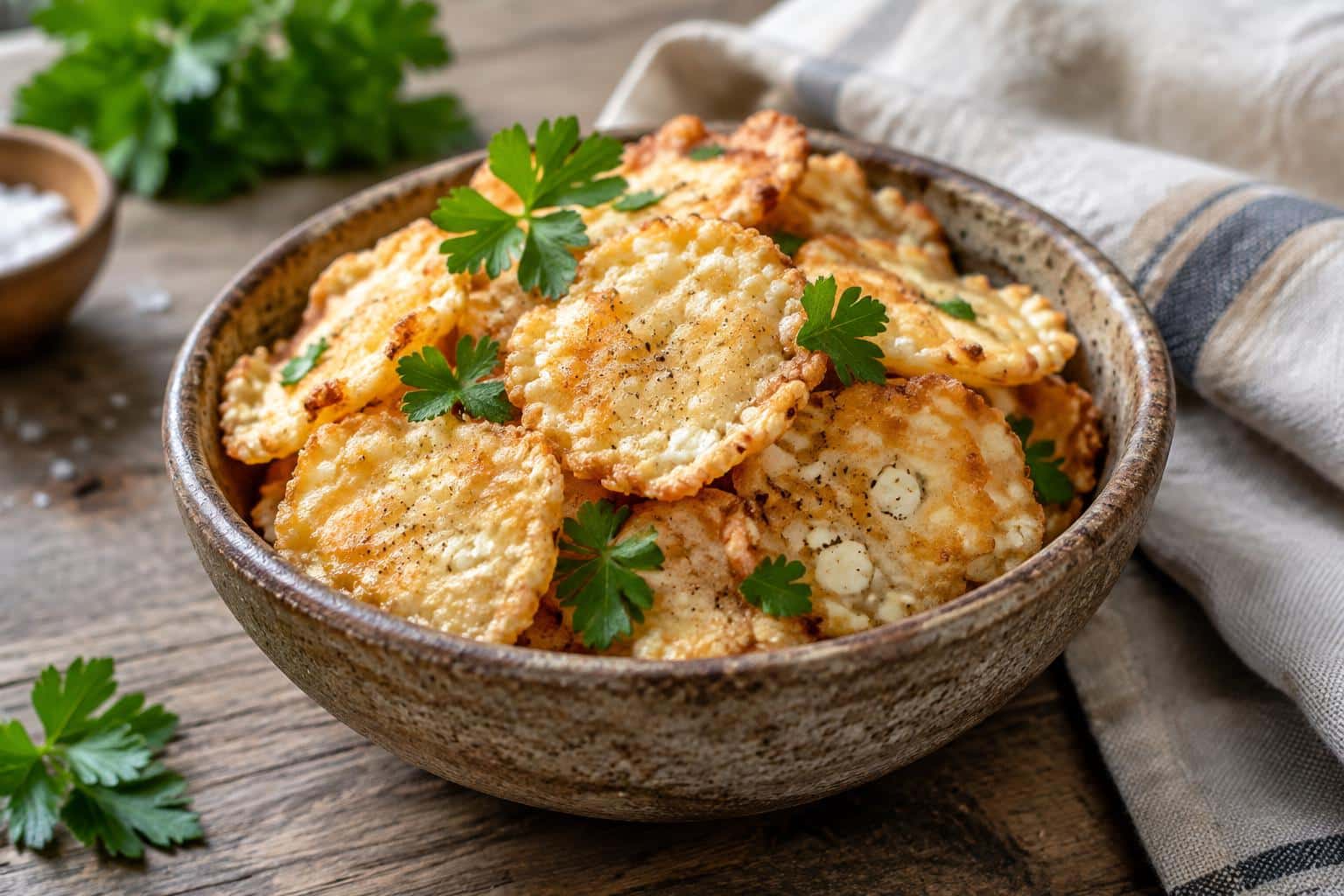 Golden crispy cottage cheese chips garnished with parsley on a rustic wooden surface with natural light