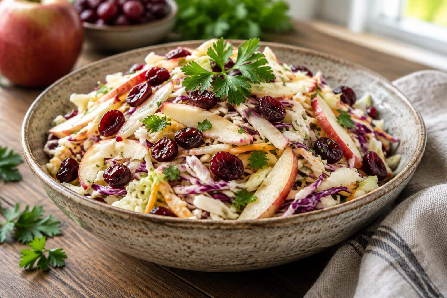 Crispy cranberry apple coleslaw in a bowl with fresh parsley garnish and vibrant colors