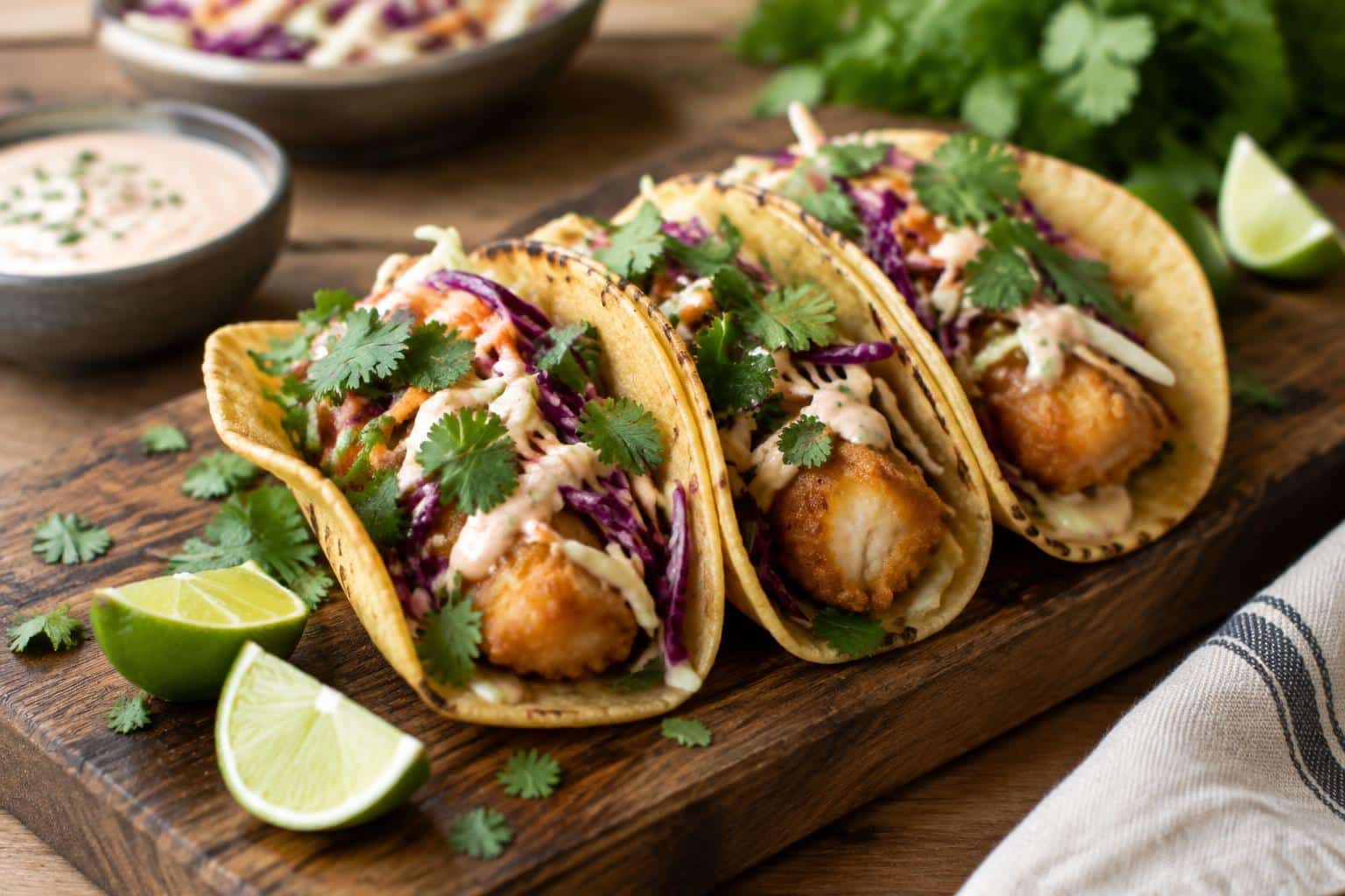 Crispy fish tacos with crunchy coating and fresh slaw on corn tortillas, garnished with lime and cilantro