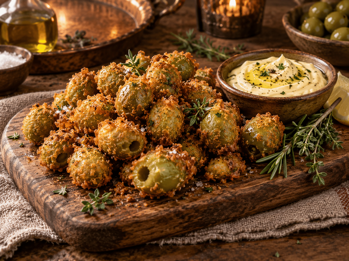 crispy fried olives with garlic aioli dip on a wooden board