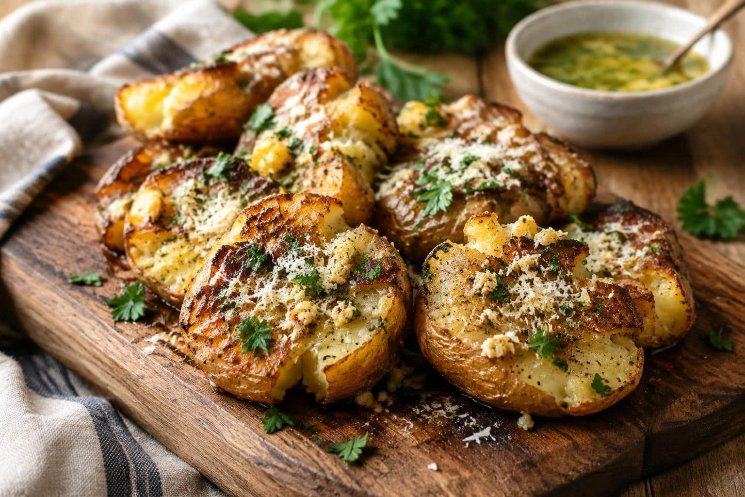 Crispy garlic butter parmesan smashed potatoes garnished with parsley and parmesan cheese