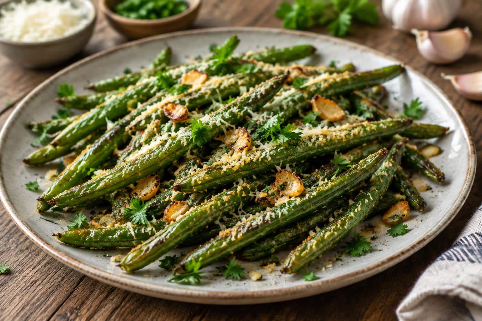 Crispy garlic parmesan roasted green beans garnished with fresh parsley on rustic plate