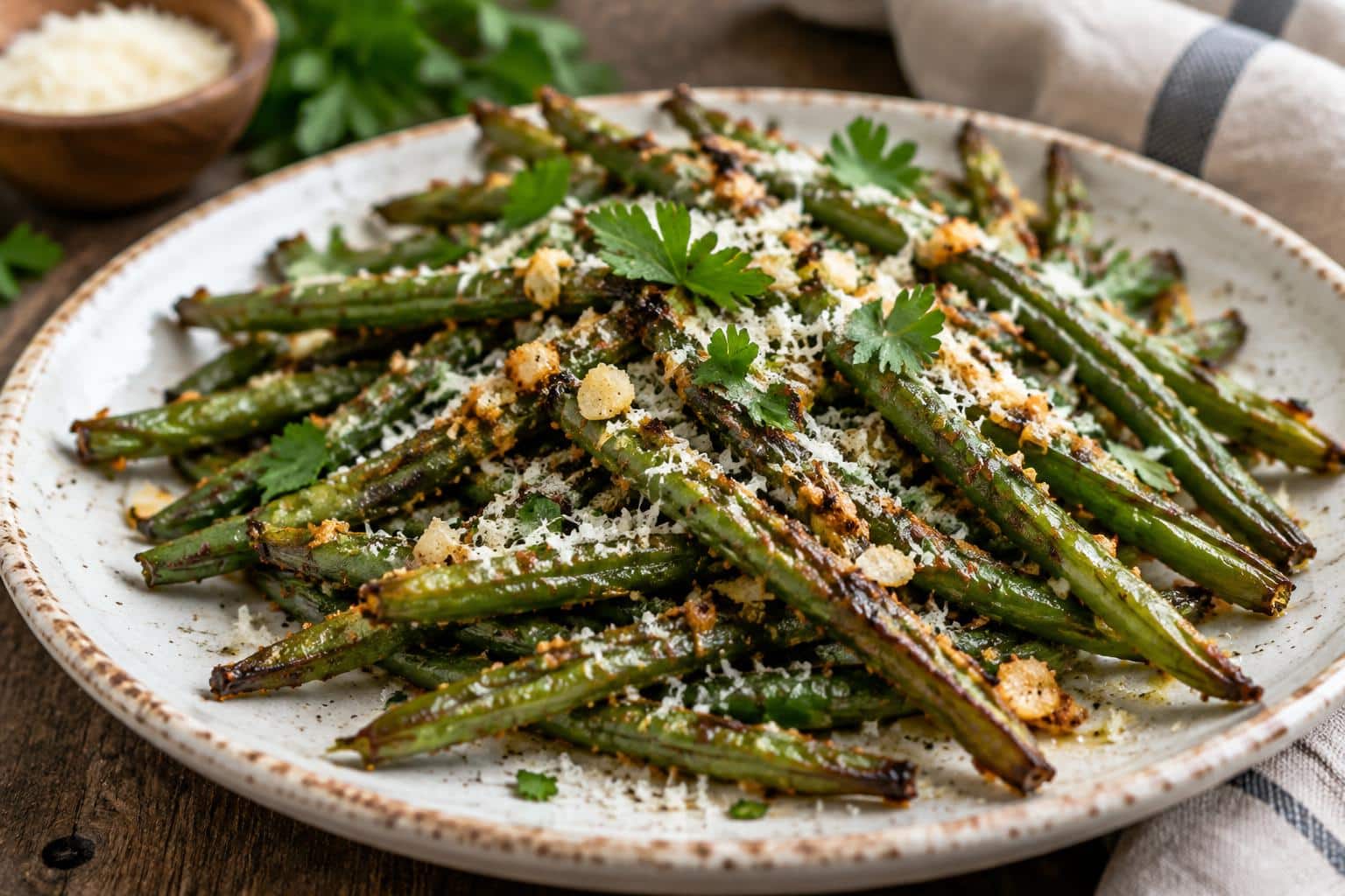 Crispy garlic parmesan roasted green beans served on a white plate with parsley garnish