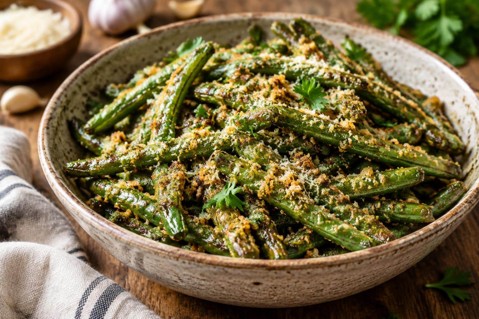 Crispy garlic parmesan green beans roasted to golden perfection with fresh parsley garnish