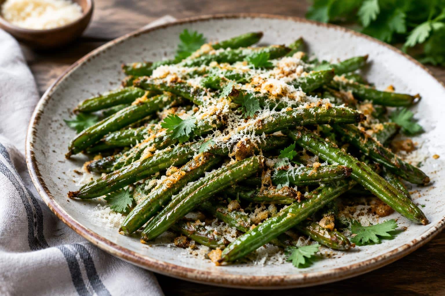Crispy garlic parmesan roasted green beans garnished with parsley and parmesan cheese