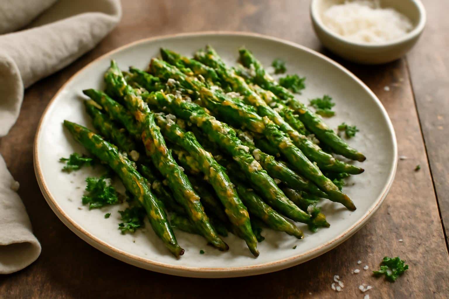Plate of crispy garlic parmesan roasted green beans garnished with parsley and parmesan cheese