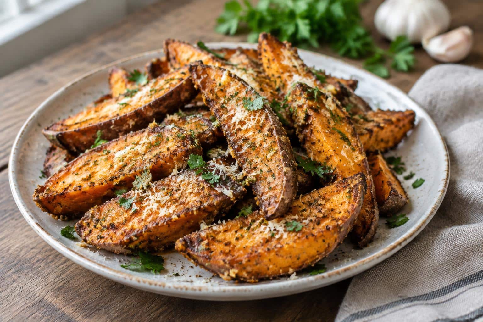 Crispy garlic parmesan sweet potato wedges garnished with parsley and parmesan cheese