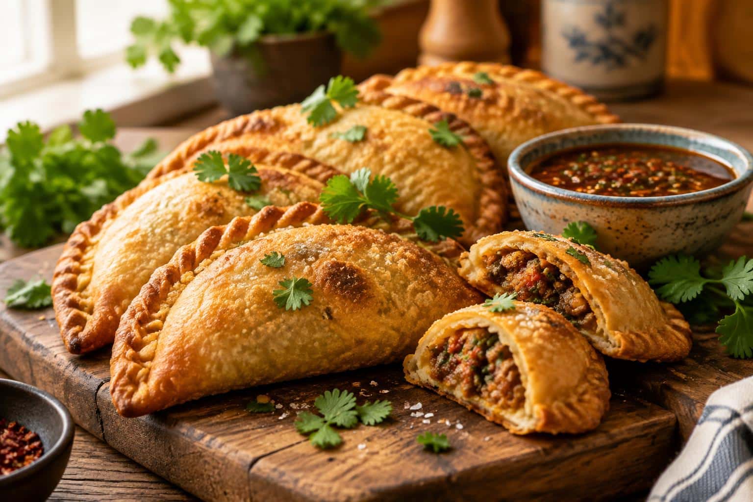 Crispy gluten-free empanadas garnished with cilantro and served with dipping sauce