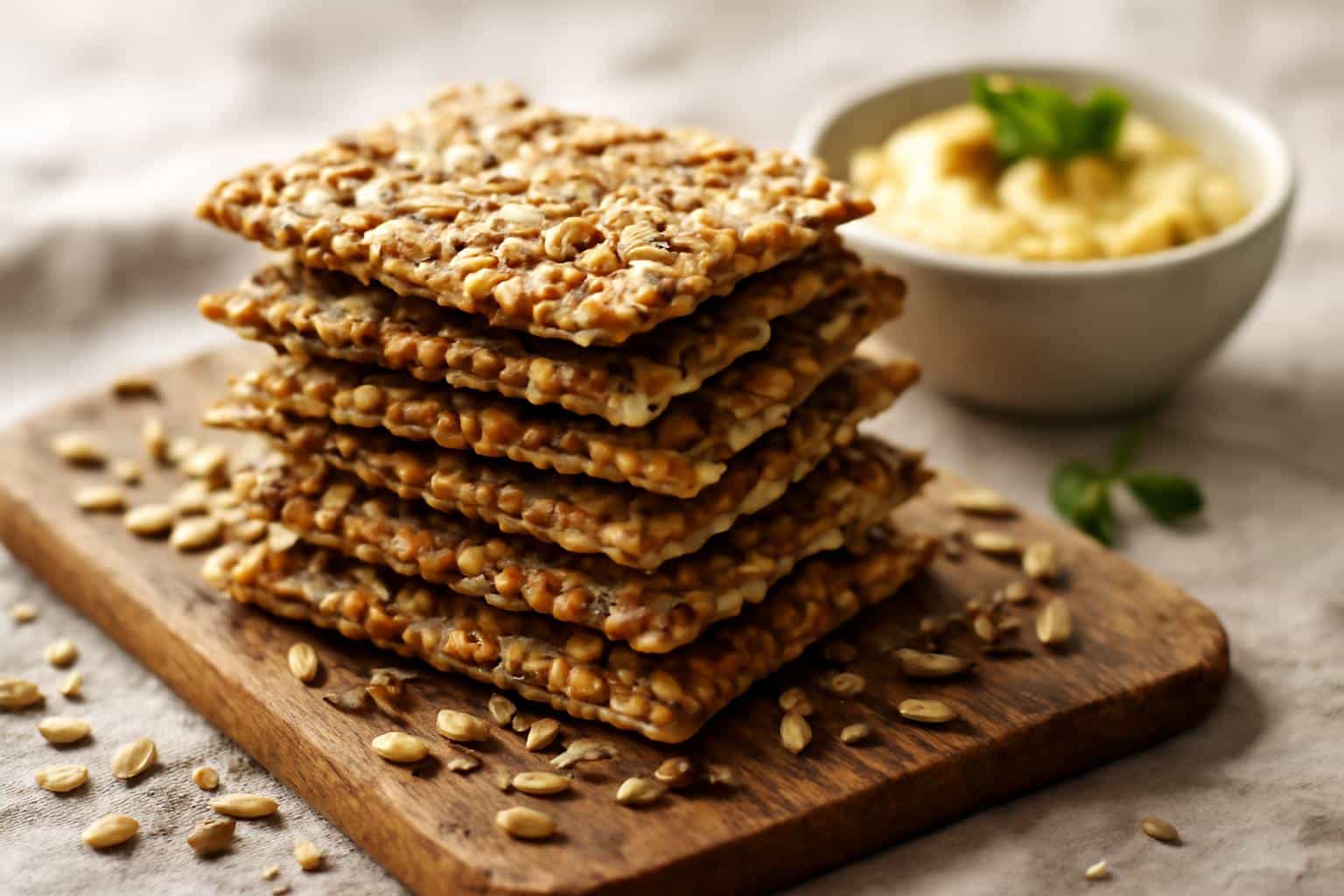 Golden crispy gluten-free seed crackers stacked with scattered seeds and herbs, gluten-free seed crackers snack