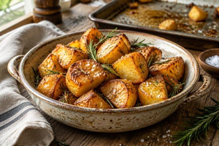 Crispy golden roast potatoes garnished with rosemary and sea salt on rustic dish