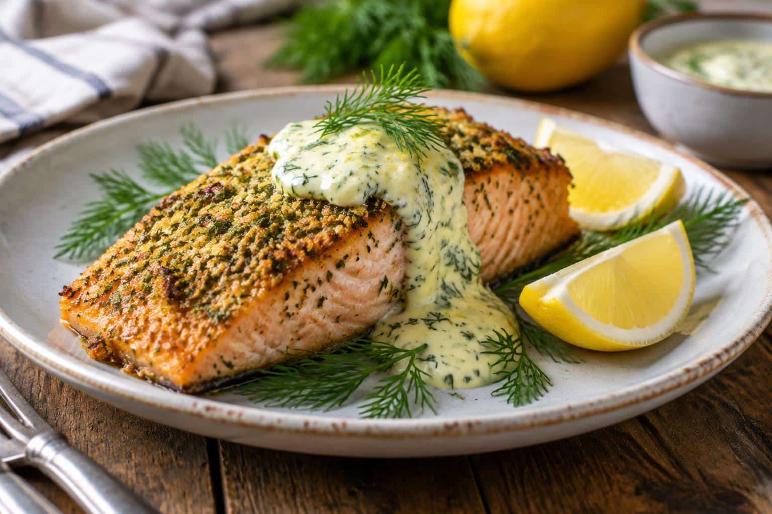 Herb-crusted salmon fillet with lemon dill sauce and lemon wedges on rustic surface