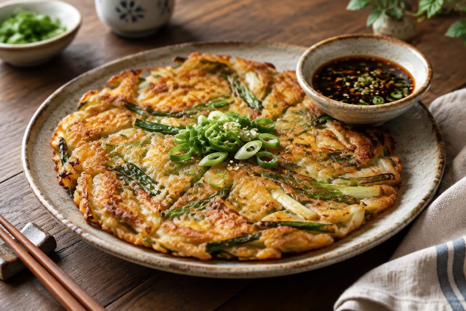 Golden crispy Korean pancakes with green onions and soy dipping sauce, homemade korean pancakes