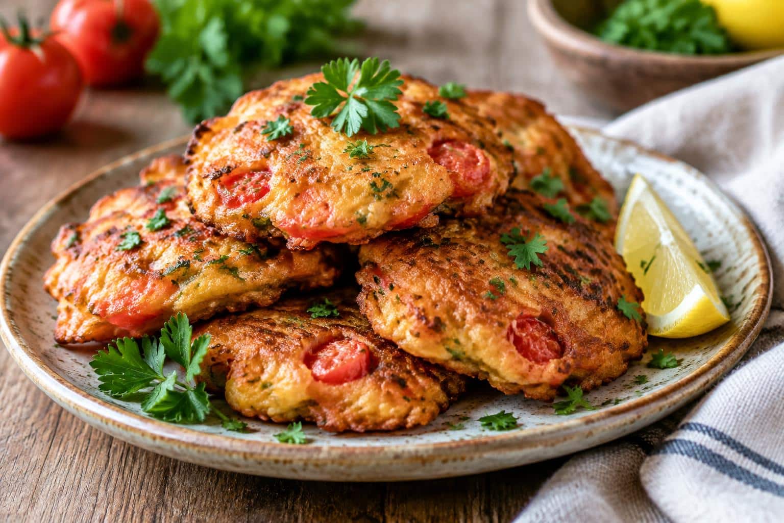 Golden crispy tomato fritters garnished with parsley and lemon wedge on rustic plate