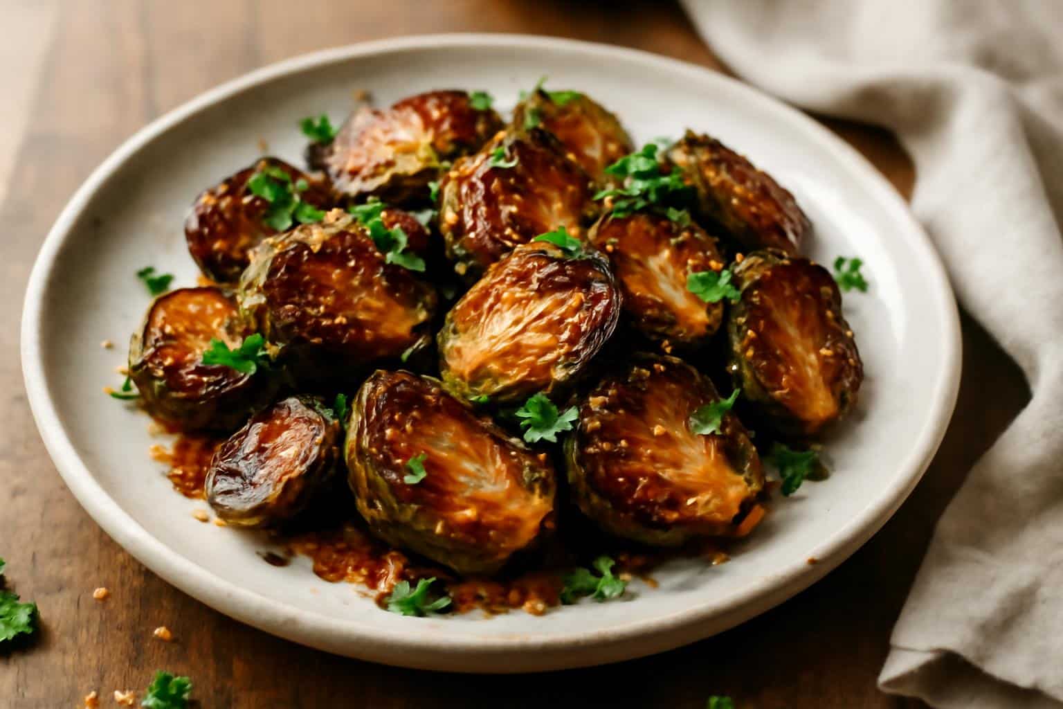 Crispy honey garlic brussels sprouts with sesame seeds and fresh herbs served on a rustic plate