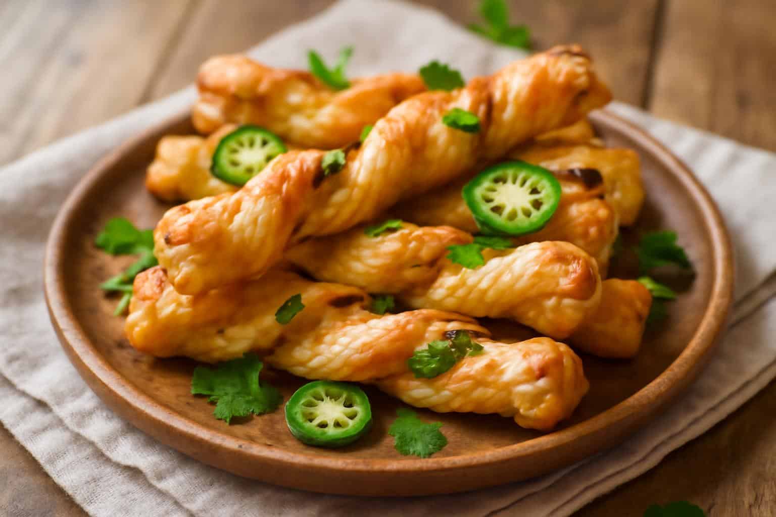 Golden crispy jalapeño popper twists with cream cheese and cheddar, garnished with parsley