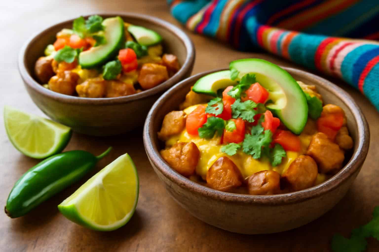 Crispy loaded fiesta potato bowls topped with ground beef and fresh garnishes