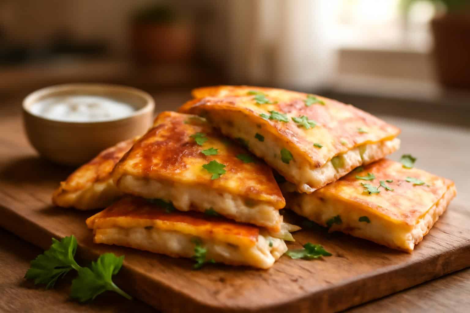 Crispy low carb chicken ranch quesadillas with melted cheese and fresh garnish on a wooden board