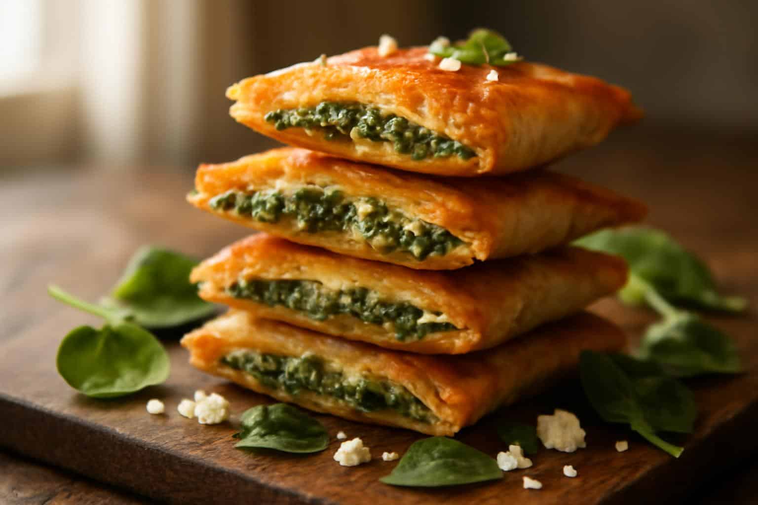 crispy Mediterranean spinach and feta cheese crisps stacked on wooden board with fresh spinach and feta