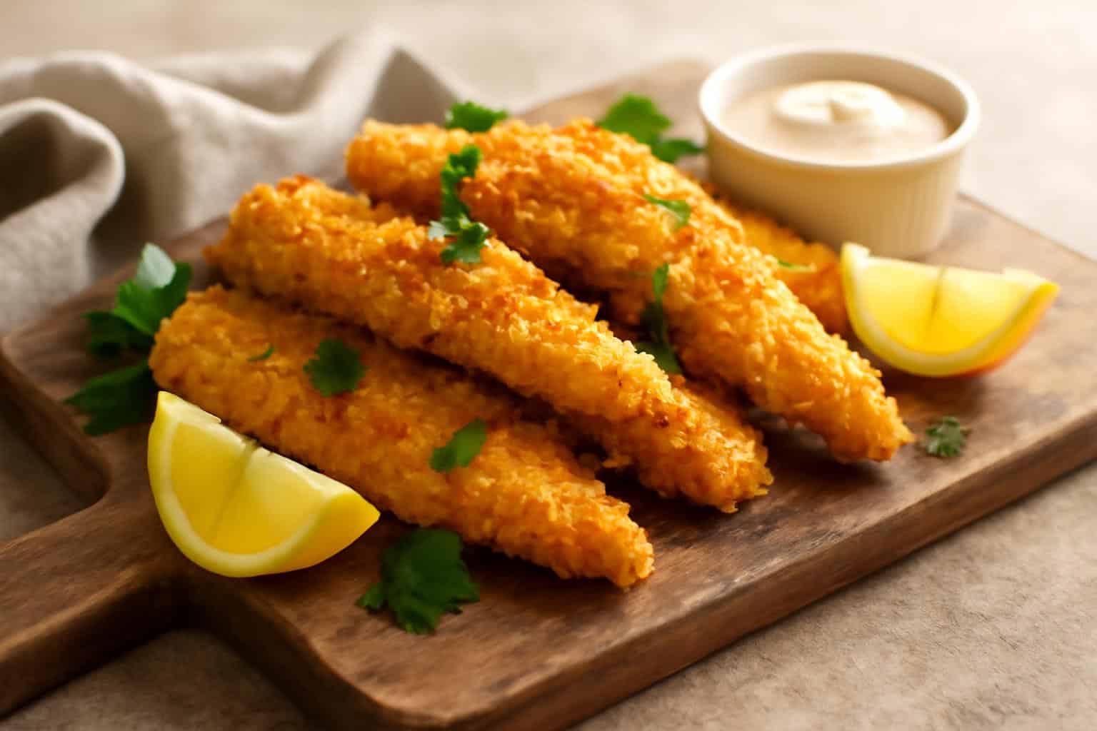 Golden crispy oven-baked chicken tenders garnished with parsley and lemon wedges on rustic board