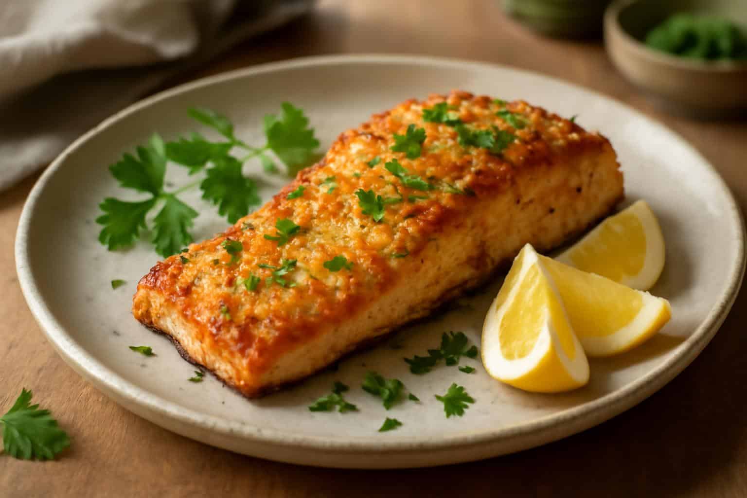 Crispy parmesan salmon fillet with golden crust garnished with parsley and lemon wedges