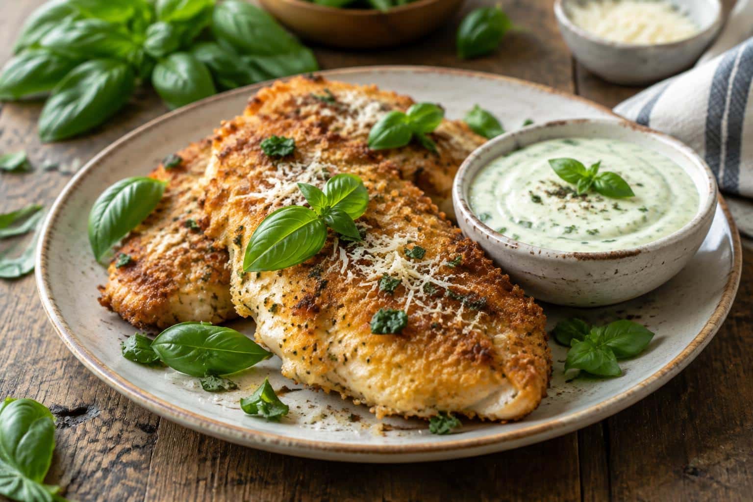 Crispy parmesan chicken served with creamy basil aioli and fresh basil garnish
