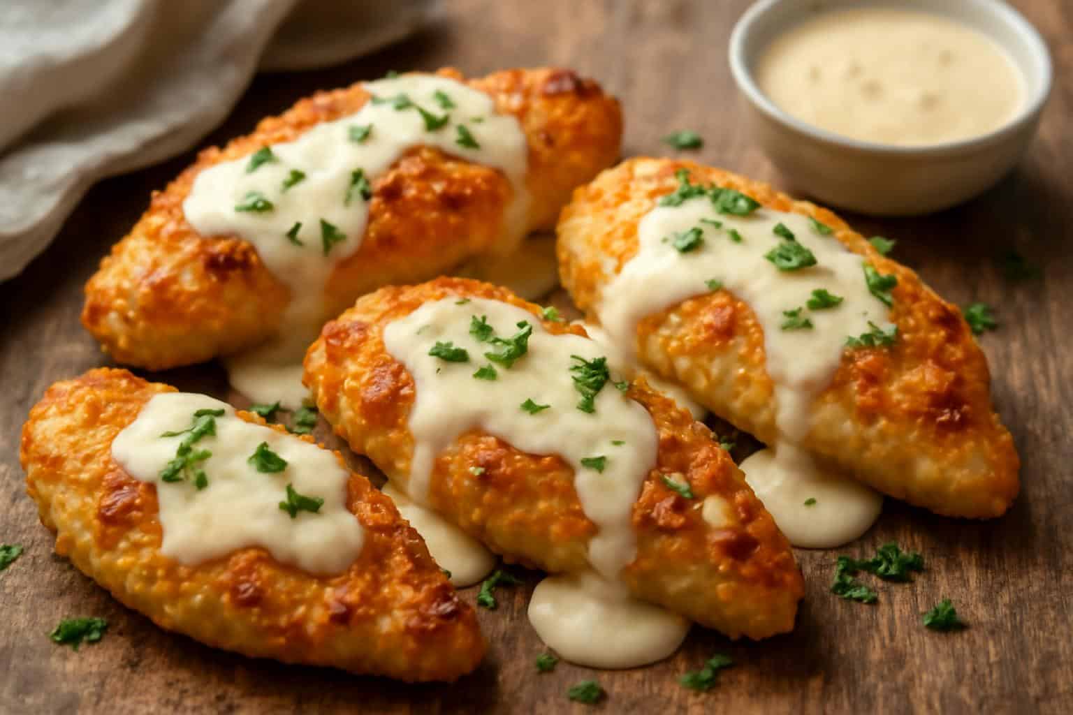 crispy parmesan chicken topped with rich garlic sauce garnished with fresh parsley