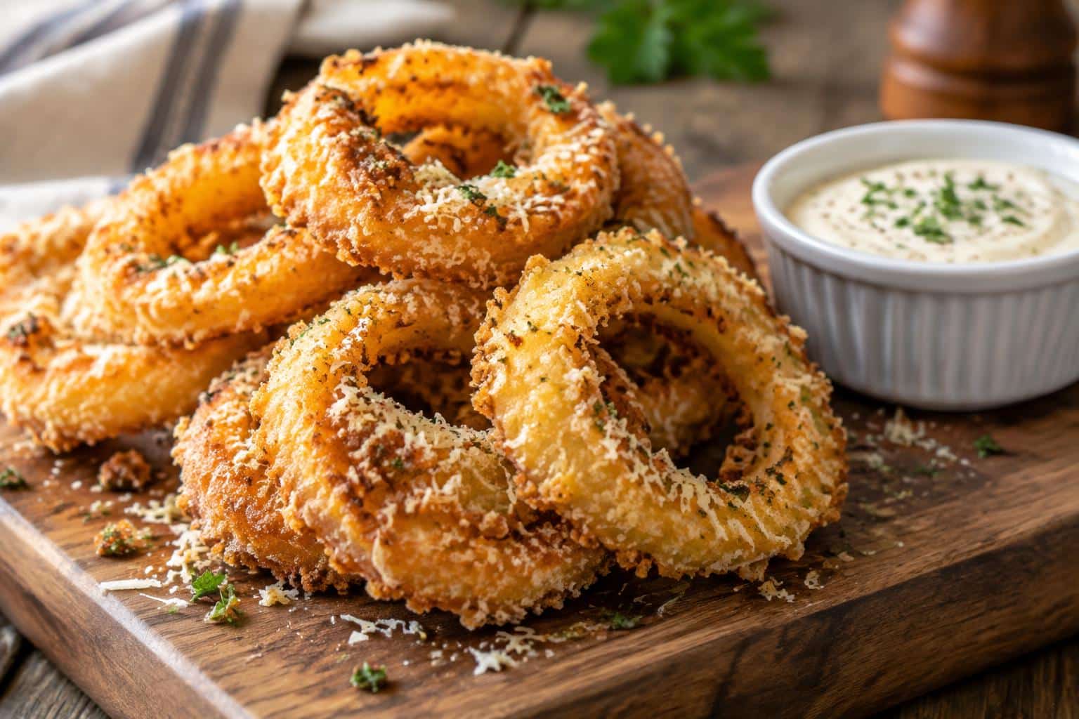 crispy parmesan onion chips stacked on wooden board with dipping sauce
