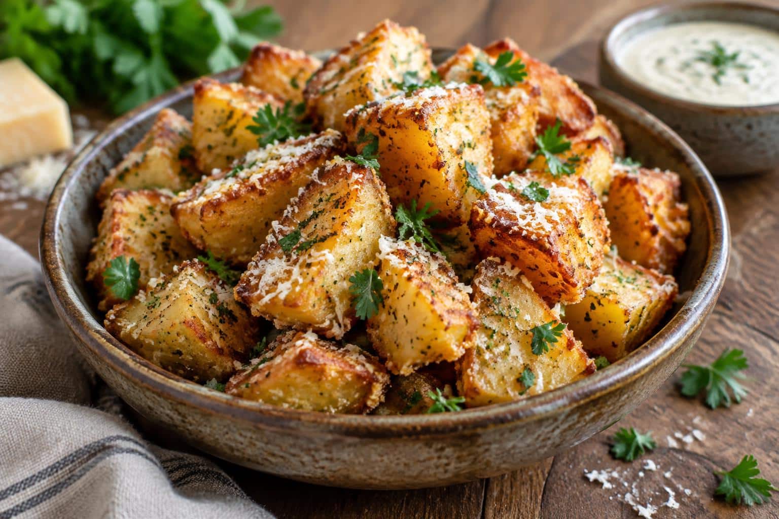 crispy crunchy parmesan potatoes golden and garnished with parsley on rustic bowl