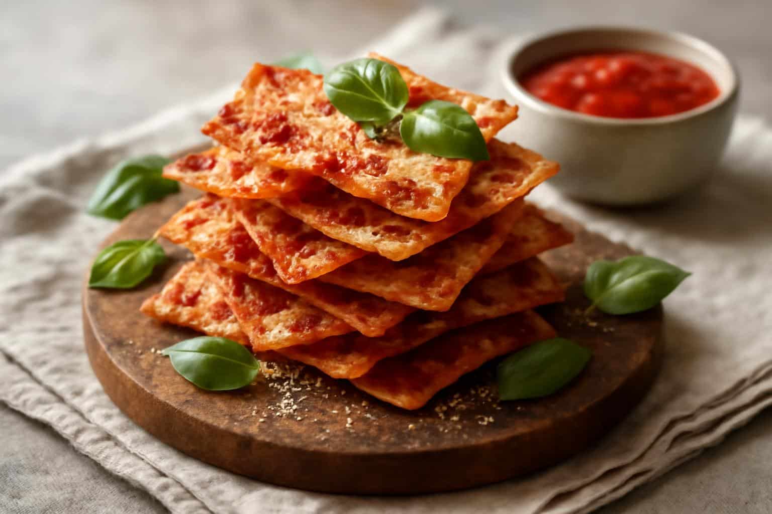 Crispy pizza chips stacked with basil and Parmesan, showcasing crispy pizza chips snack