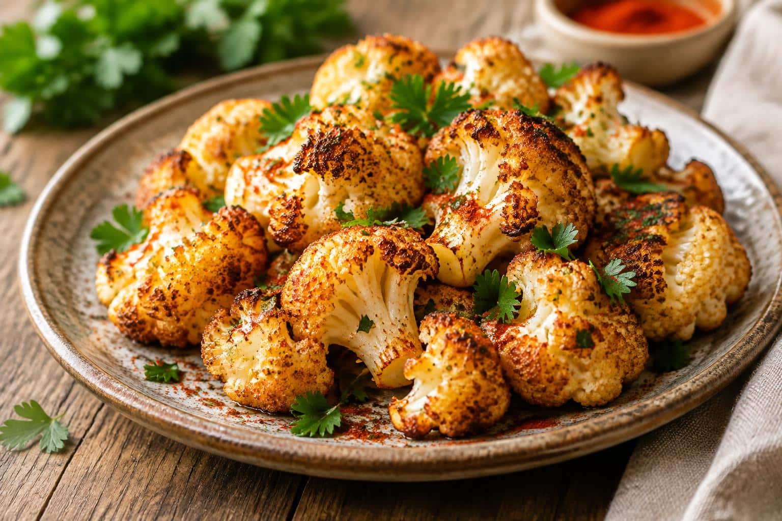 Plate of crispy roasted cauliflower garnished with parsley and paprika, showcasing crispy roasted cauliflower