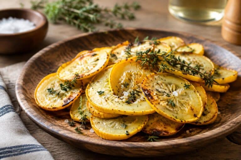 Crispy roasted thinly sliced squash garnished with fresh herbs and sea salt