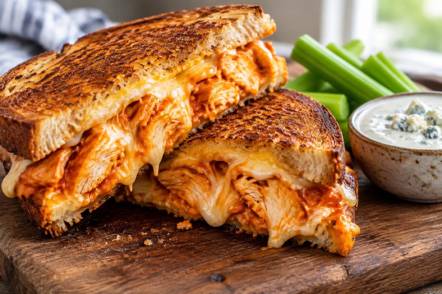 Crispy spicy buffalo chicken grilled cheese sandwich with melty cheese and buffalo sauce