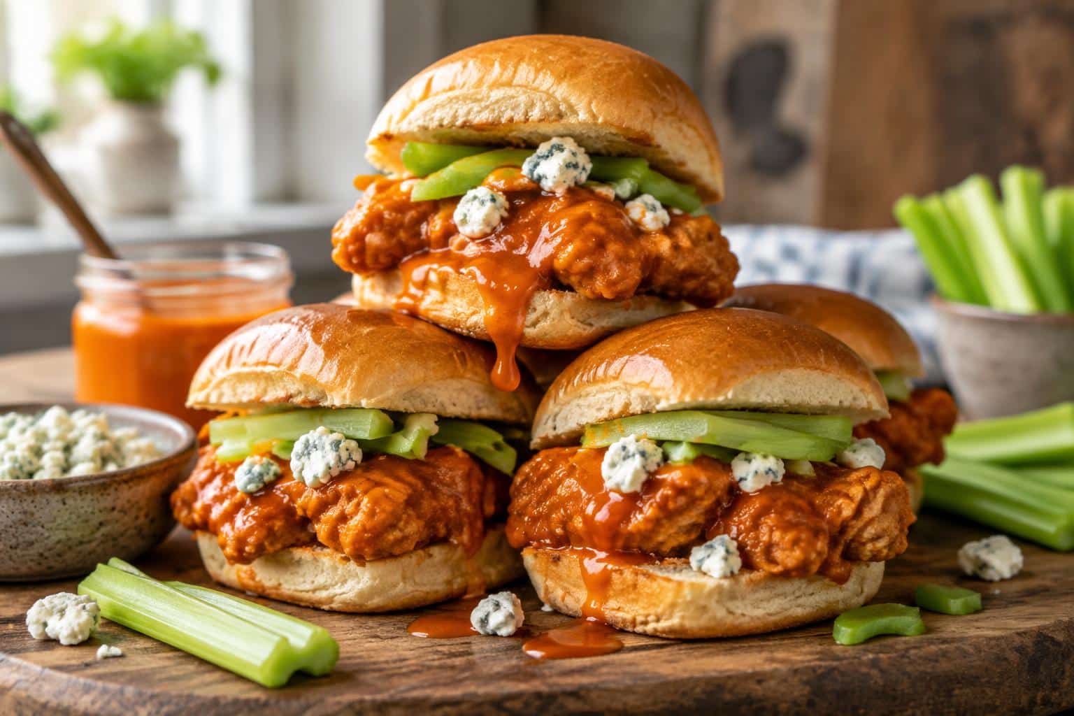 Crispy buffalo chicken sliders with spicy sauce and garnishes, showcasing buffalo chicken sliders