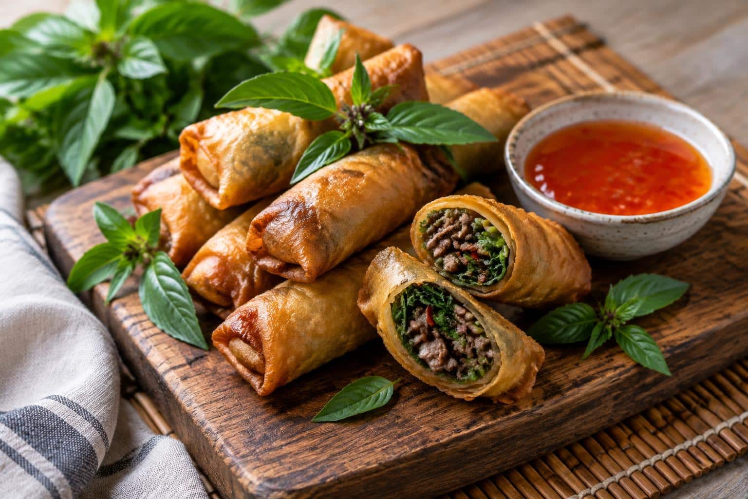 Crispy Thai basil beef spring rolls garnished with fresh basil and chili sauce