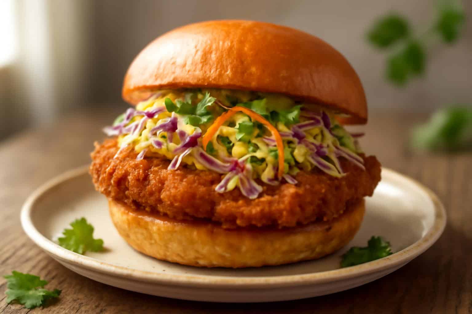 Ultimate crispy thai fried chicken sandwich with creamy zesty slaw on a bun