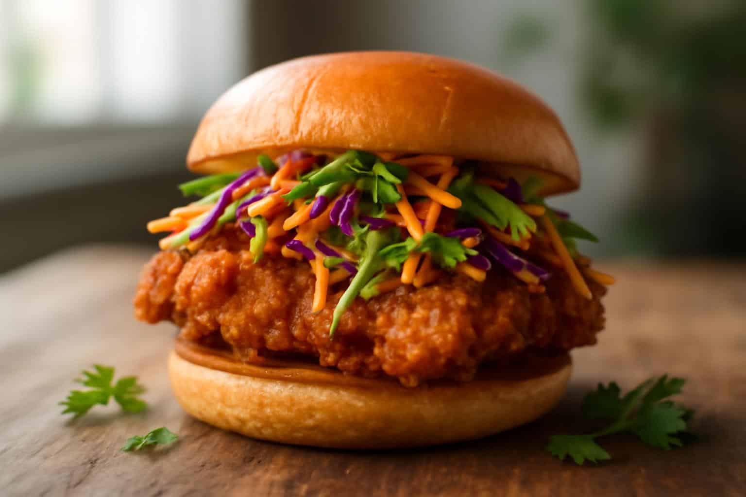 Golden crispy Thai fried chicken sandwich with vibrant zesty slaw on a toasted bun