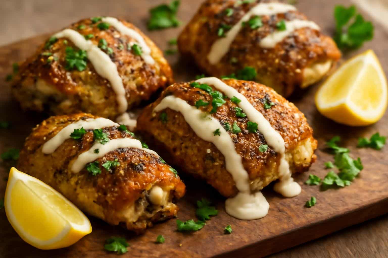 Golden crispy za'atar chicken thighs with creamy tahini drizzle garnished with parsley